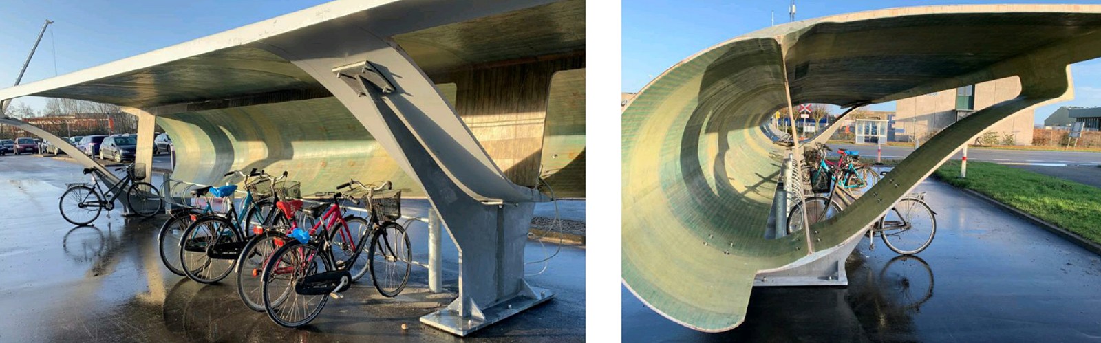 Рисунок 5. Примеры перепрофилирования лопастей ротора: навес для велосипедов [3]. Статья об этом применении лопастей ветряных турбин опубликована в Композитном мире №3 (96) 2021