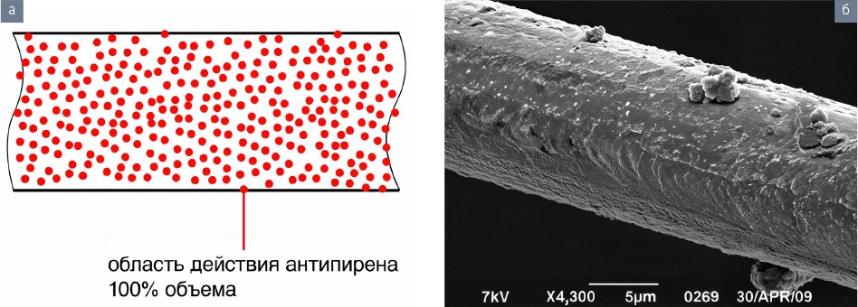 Рисунок 4. а — предполагаемая схема распределения модифицирующей добавки по поверхности филамента, б — фото, демонстрирующее морфологию поверхности филамента ПОД волокна с модифицирующей добавкой АП2