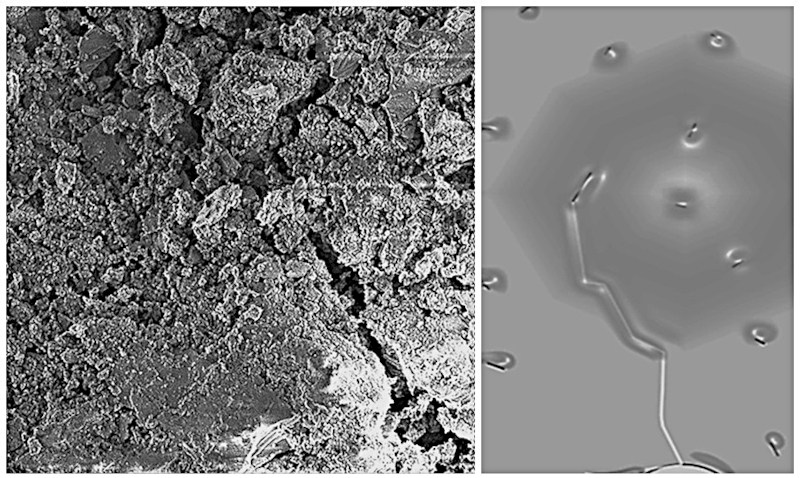 Изображение поверхности разрушенного образца из бетона, предварительно модифицированного восстановленным оксидом графена с трещиной и визуализация результата стохастического моделирования роста трещины в образце композита под действием сжимающей нагрузки.
